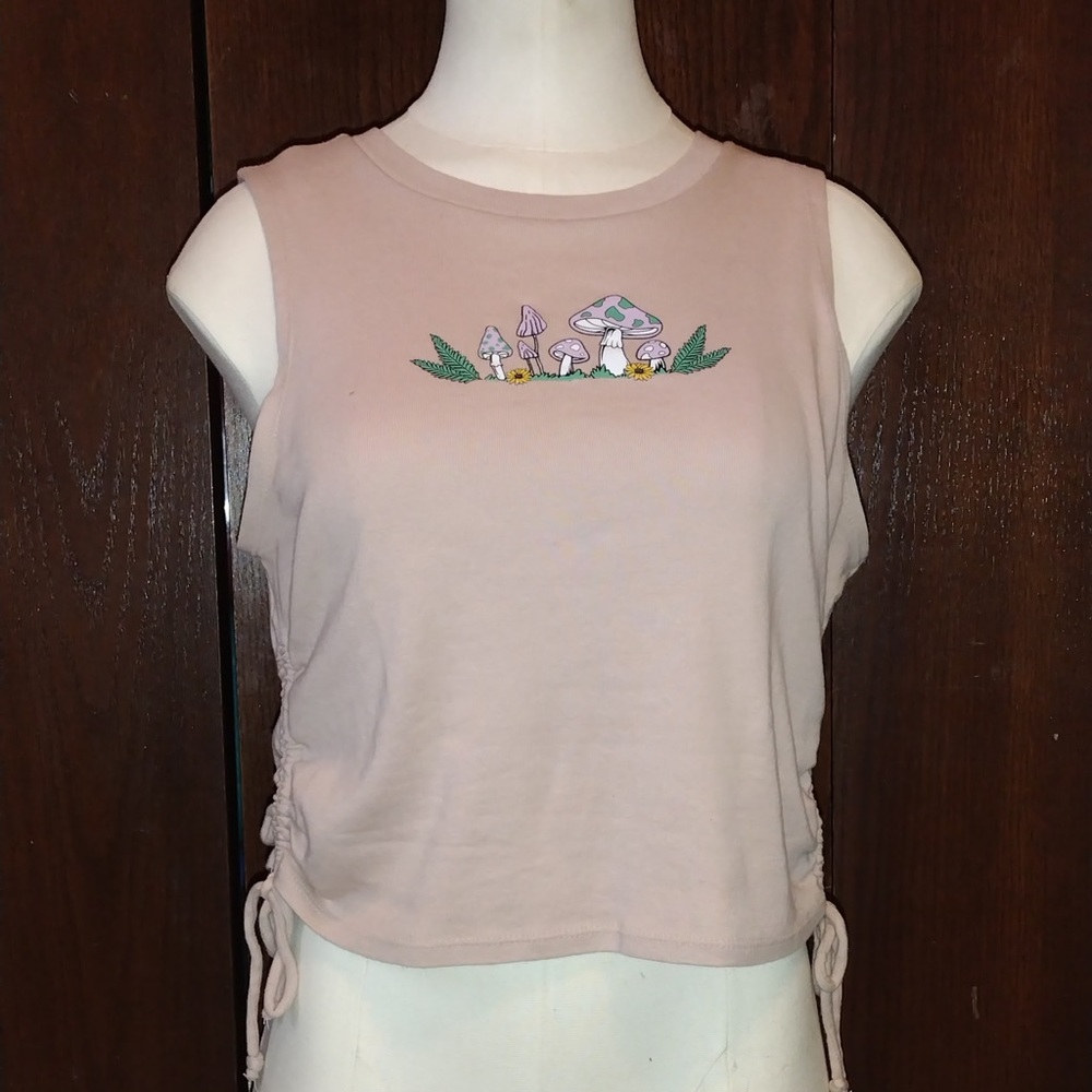 Blush colored cropped tank with mushrooms